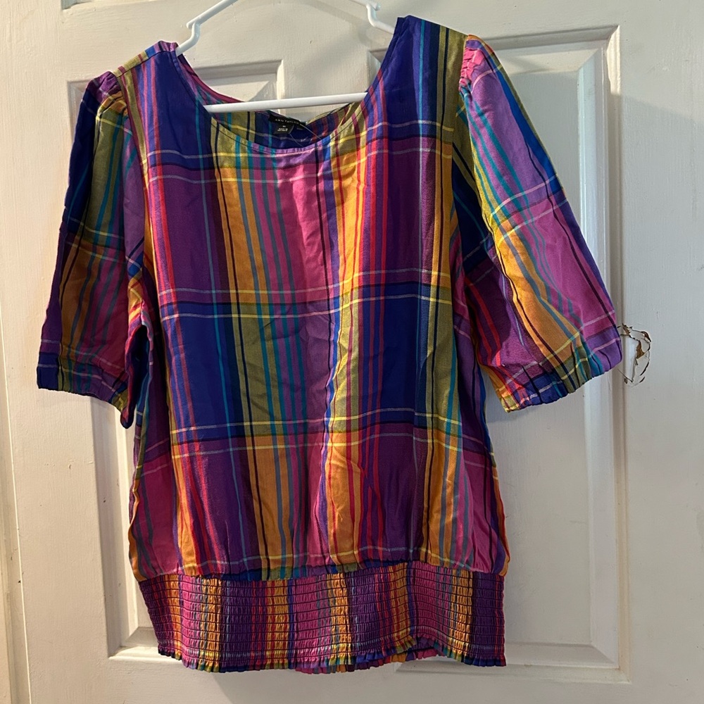 Ann Taylor Multicolor Plaid Puff-Sleeve Top — Purple, Yellow, Pink, Blue